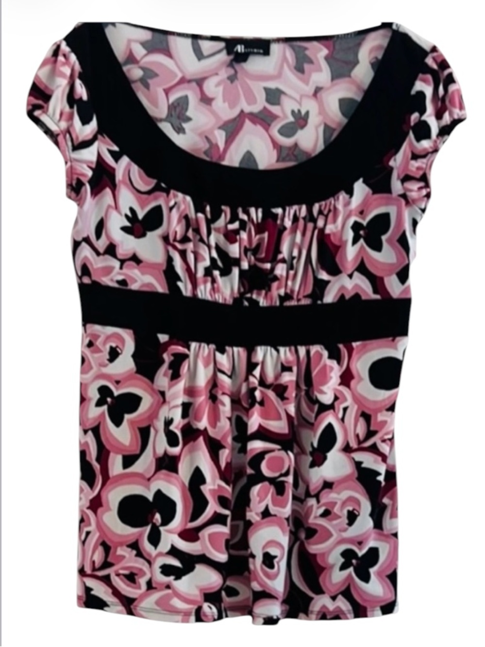 Apt. 9 Pink Black White Abstract Floral Empire Waist Ruched Top L